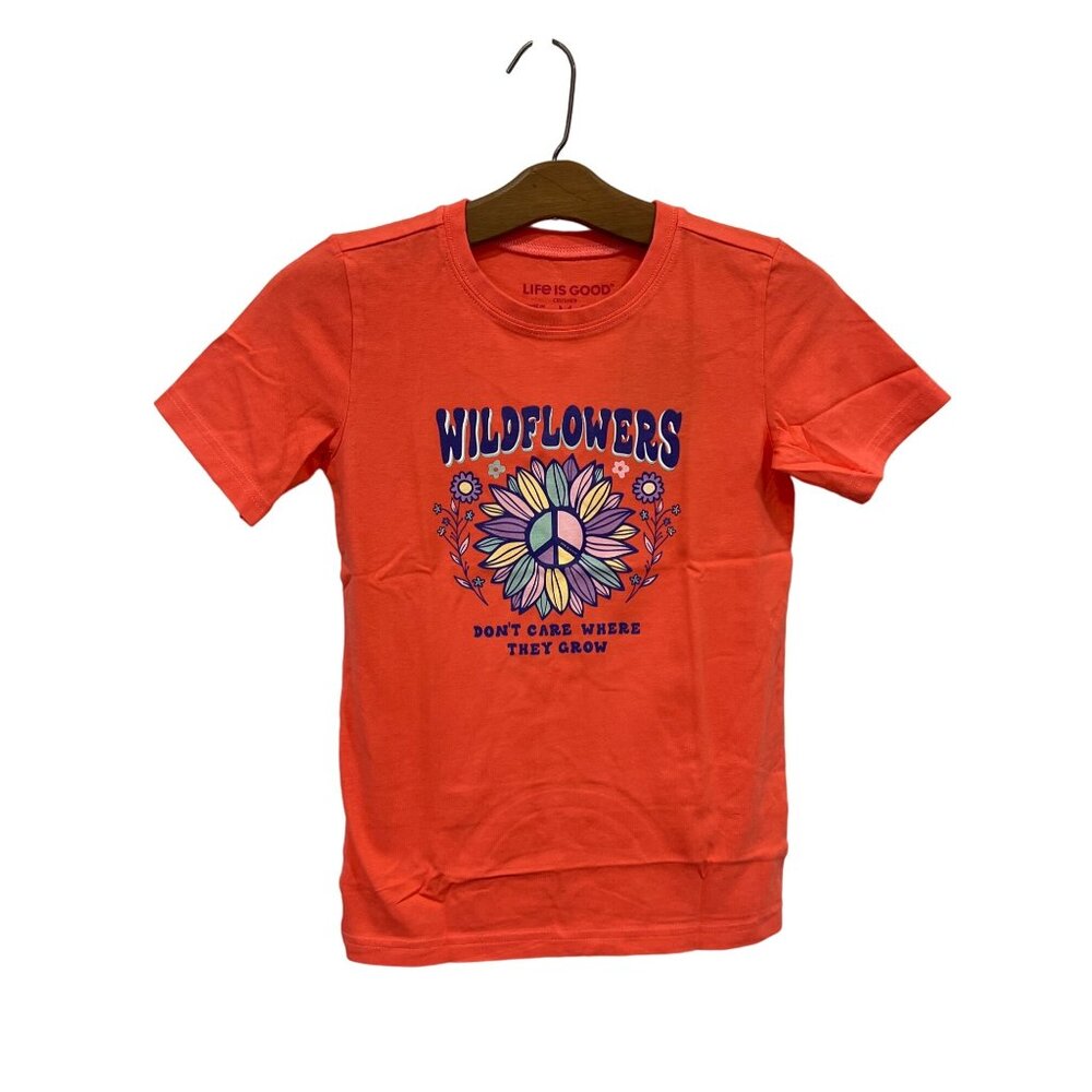 Life Is Good Groovy Wildflowers Crusher Tee Kid M Mango Orange Cotton TShirt NEW